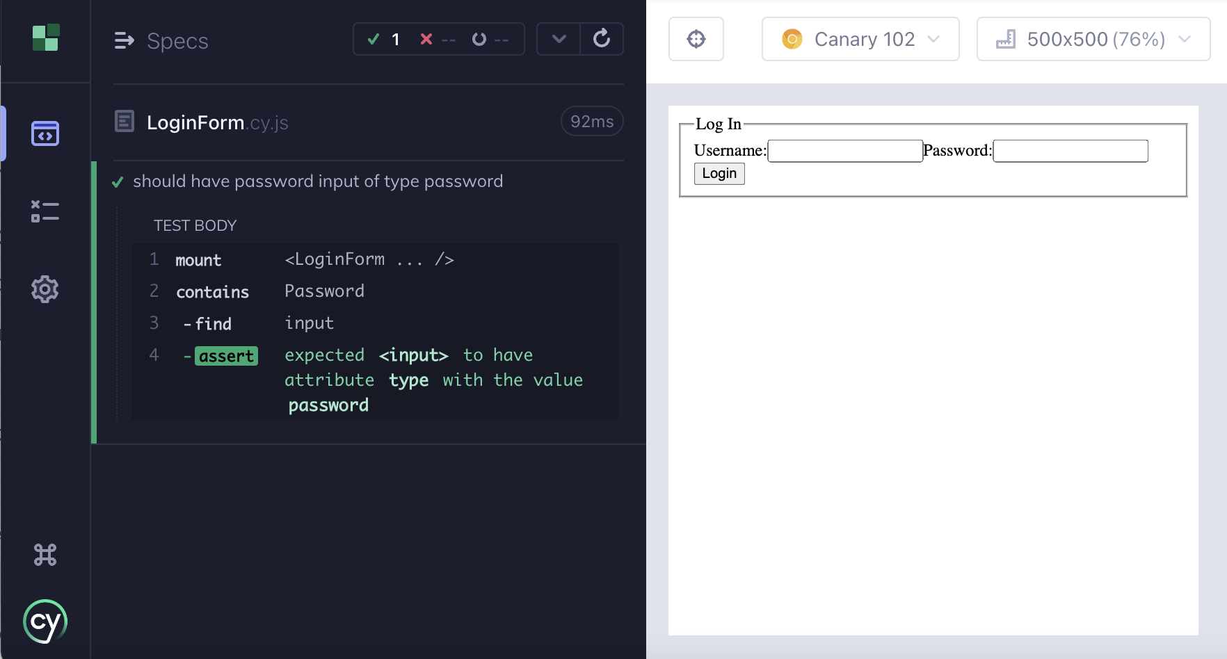 Cypress app showing mounted component and password assertion